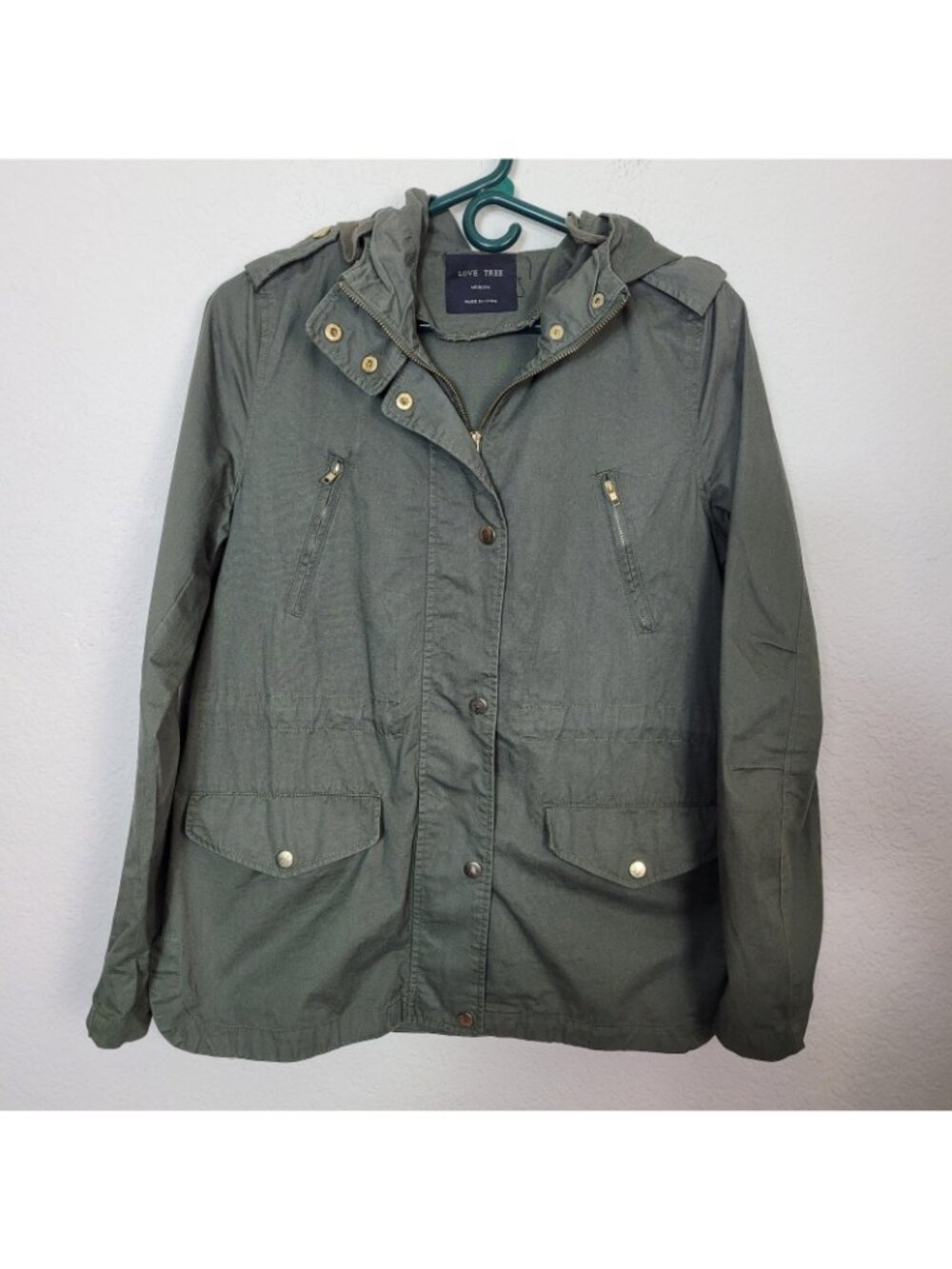 Love Tree Green Military Style Utility Jacket Chore Work Zip & Snap Closure Med - Picture 2 of 10